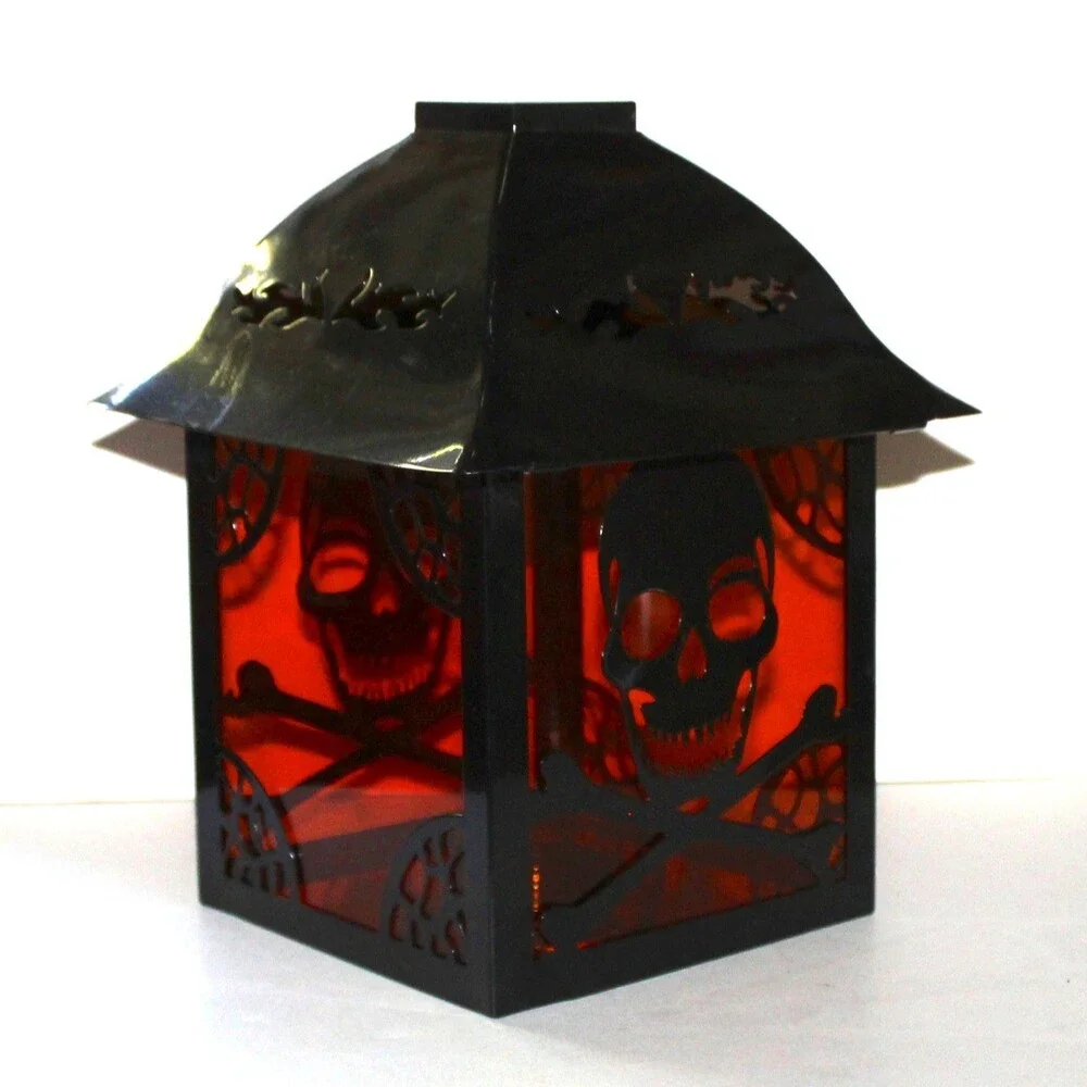 Large Lantern Skull and Bones black metal orange halloween goth decor 10